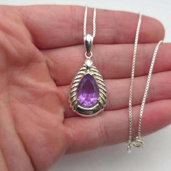 Jewelry - 24 Inch 925 Sterling Silver Large Pear Amethyst Gem Pendant Necklace